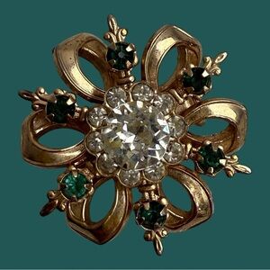 Vintage Brooch Gold Tone Rhinestones Sunburst Starburst MCM Mid-Century Modern